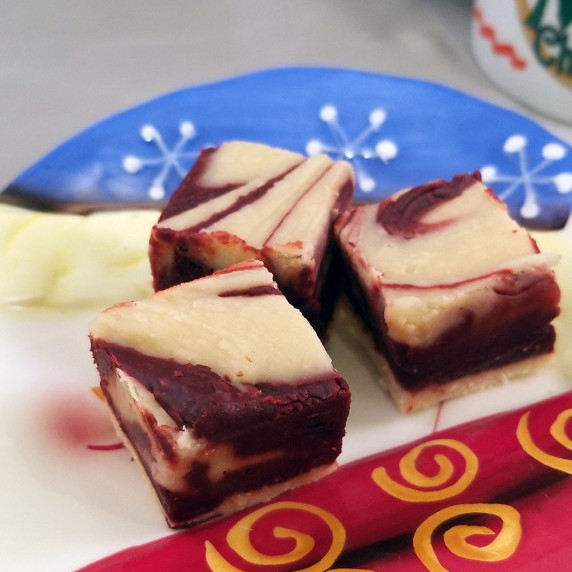 Red velvet fudge arranged on a holiday plate