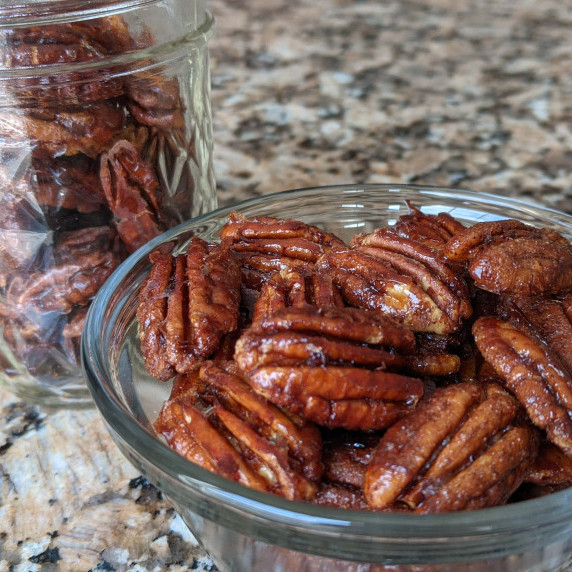 Candied pecans in a bowl