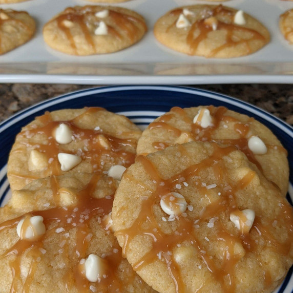 Salted caramel and white chocolate cookies on a plate