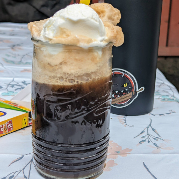 Fireball Ice Cream Float on a patio table