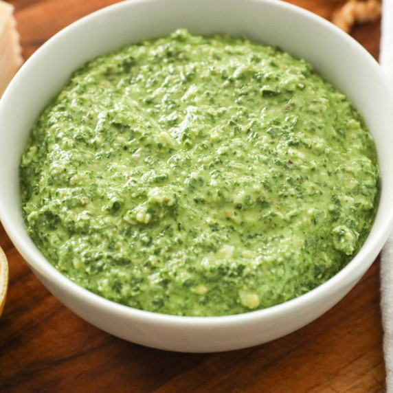 homemade basil pesto sauce. Made without pine nuts.