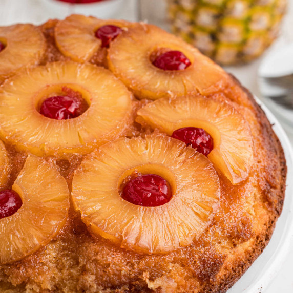 Close up of a pineapple upside down cake.