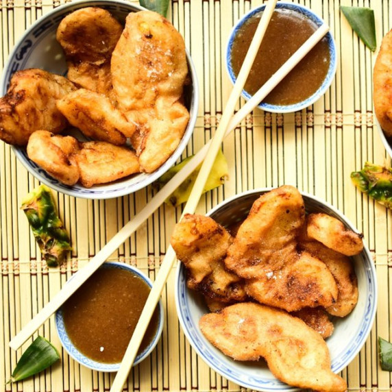 Chinese pineapple fritters with sticky toffee sauce