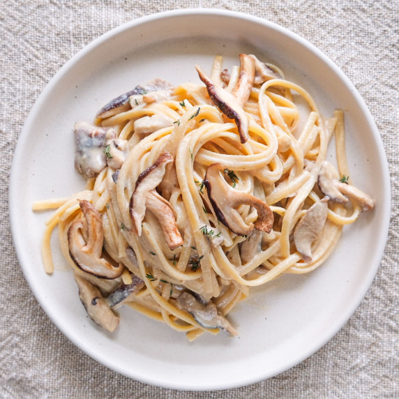 plate with creamy miso mushroom pasta