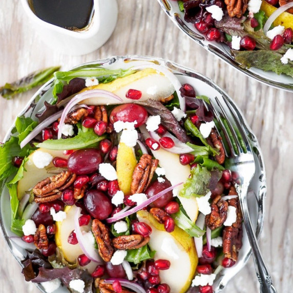 Winter Salad with pear, pomegranate and pecans.