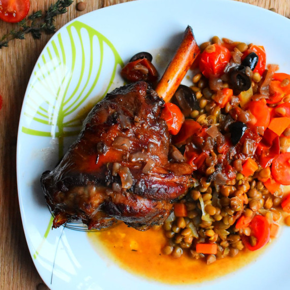 French lamb shank stew with green lentils