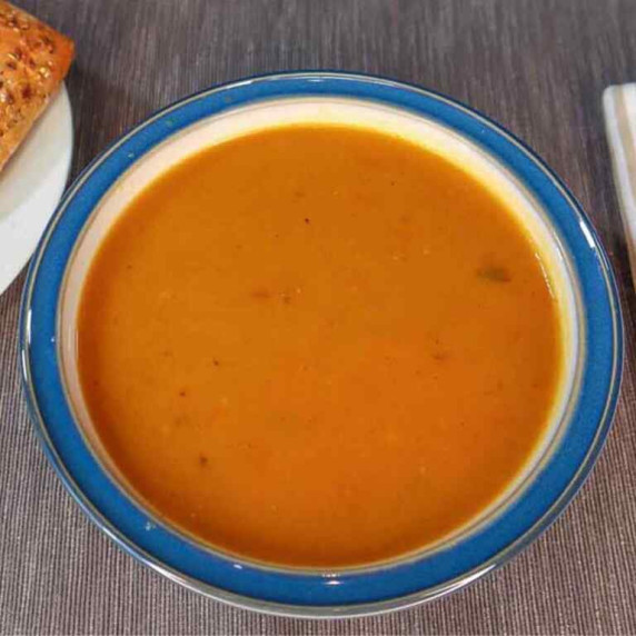 Pumpkin Soup in a blue bowl