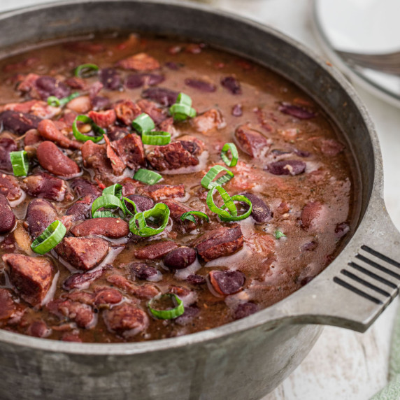 Close up of a pot full of red beans.