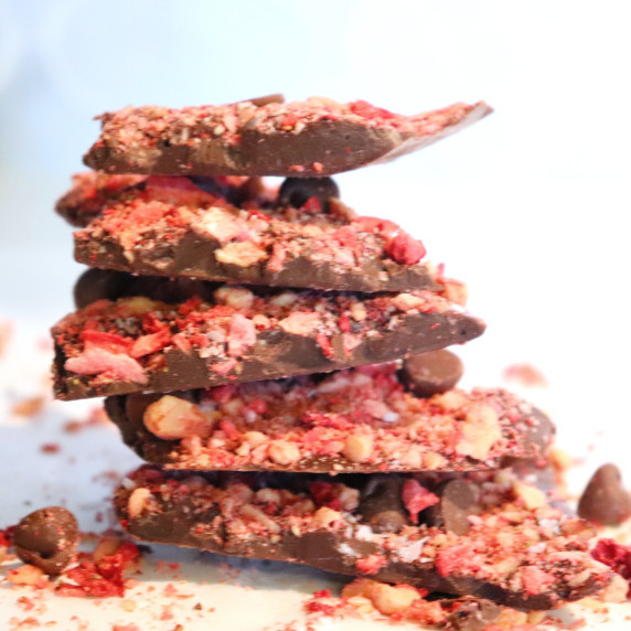 Festive Dark Chocolate Bark with Strawberry's and Almonds Stacked