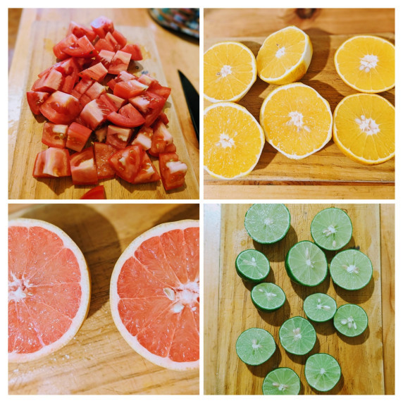 collage of sangrita ingredients including chopped tomato, oranges, limes, and grapefruits