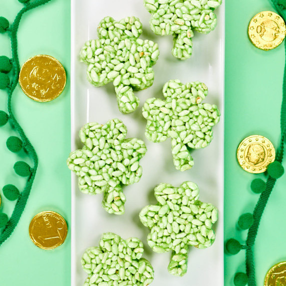 Shamrock shaped green rice krispie treats.
