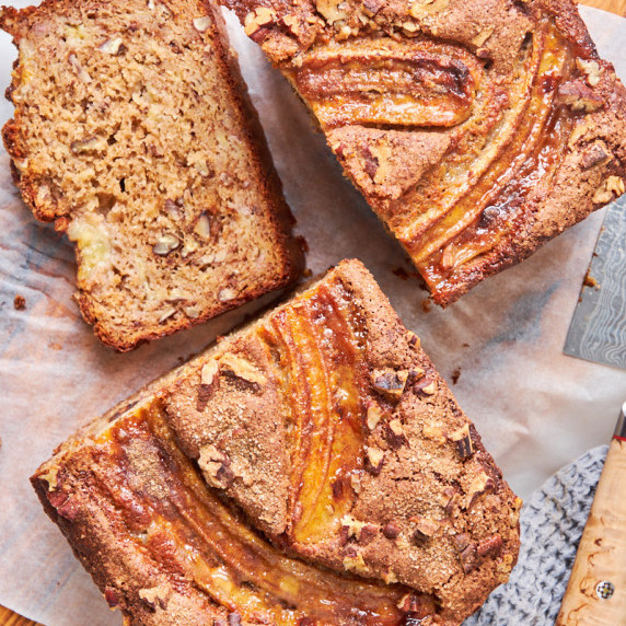 Sourdough banana nut bread from above, sliced open, showing the moist inside