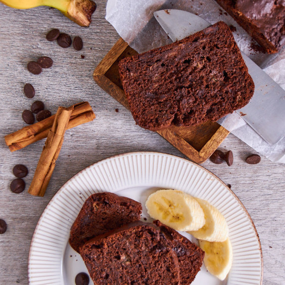 Chocolate chunk studded roasted banana bread with cinnamon and coffee