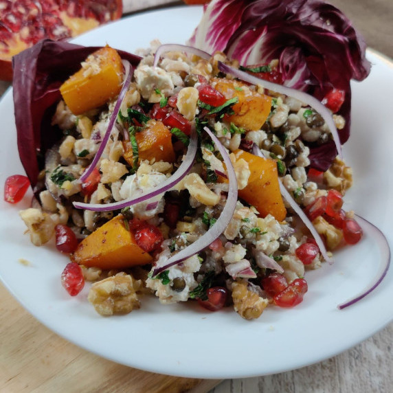 Spiced Pumpkin Barley and Radicchio Salad with red onion, and pomegranate seeds on a white plate