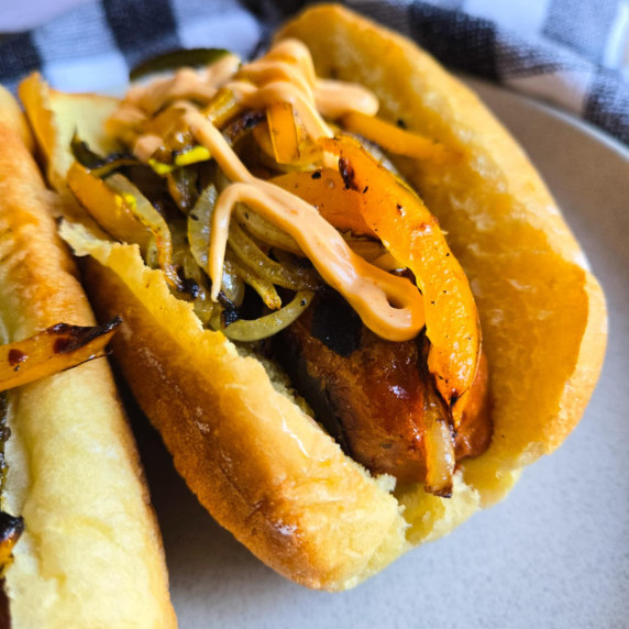 Golden rolls filled with blistered sausages and veggies