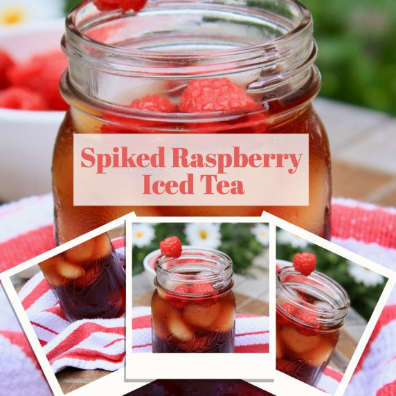 Spiked raspberry iced tea on a patio table with a bowl of raspberries.  