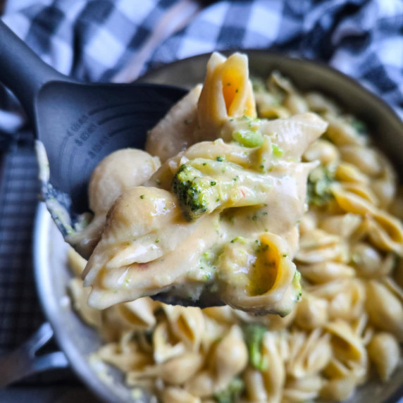 A giant spoonful of creamy, cheesy shells and green broccoli florets.