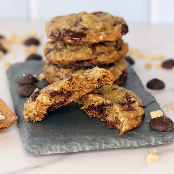 Toffee Coconut Chocolate Chippers on a slate platter with scattered ingredients