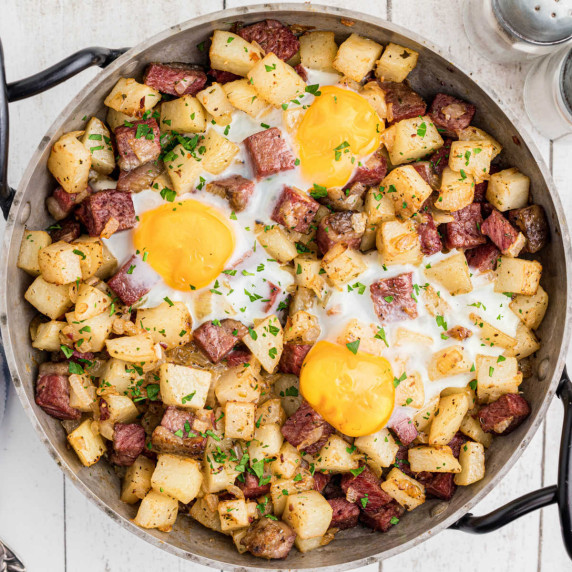 Overhead shot of a skillet with corned beef hash.