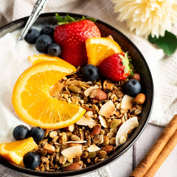 A bowl of tropical granola.