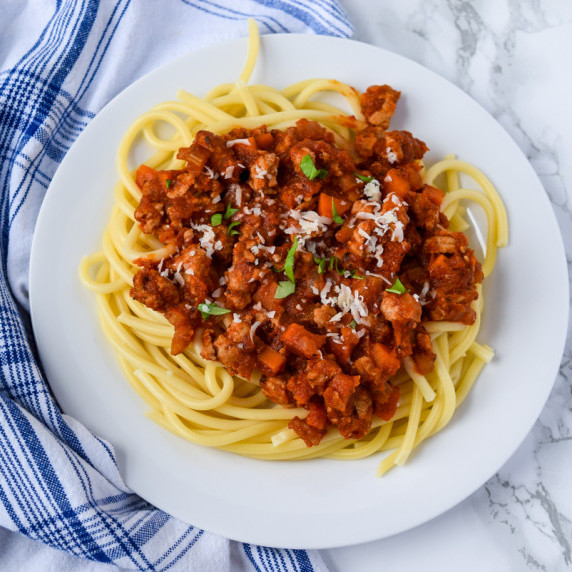 Turkey Bolognese Sauce served over bucatini.