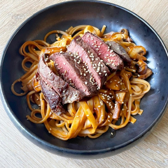 Spicy Udon Noodles with Mushrooms and Beef