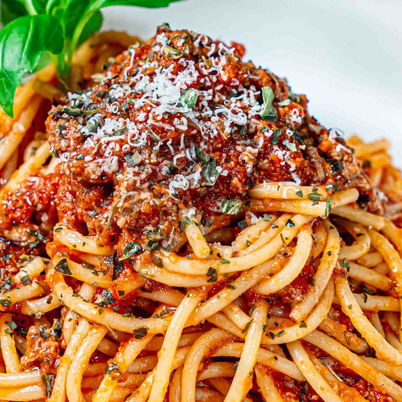 Authentic Bolognese sauce over spaghetti pasta