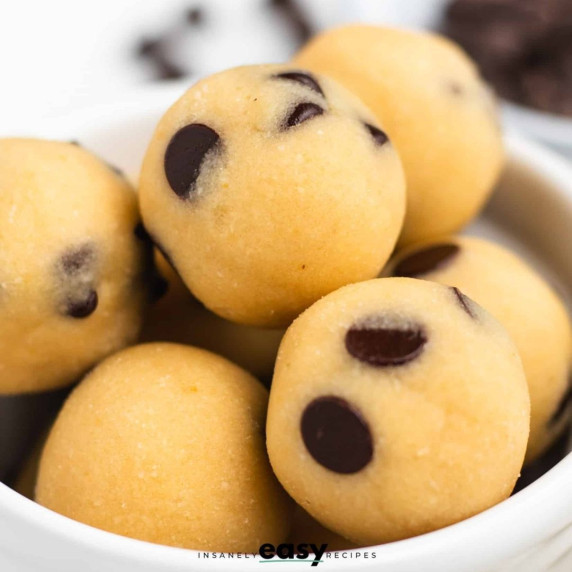 Bite sized cookie doughs in a white bowl