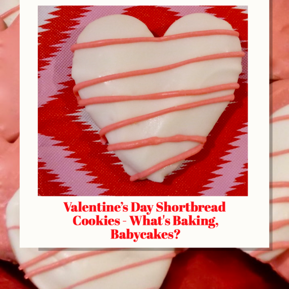 Valentine's Day Shortbread cookies on a red, white, and pink tablecloth.  