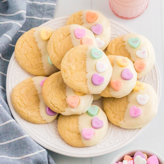 Valentine's Day Cake Mix Cookies on white plate.