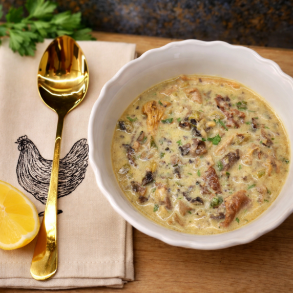 A close-up of a creamy, mushroom-rich vegan take on a traditional Greek Easter soup