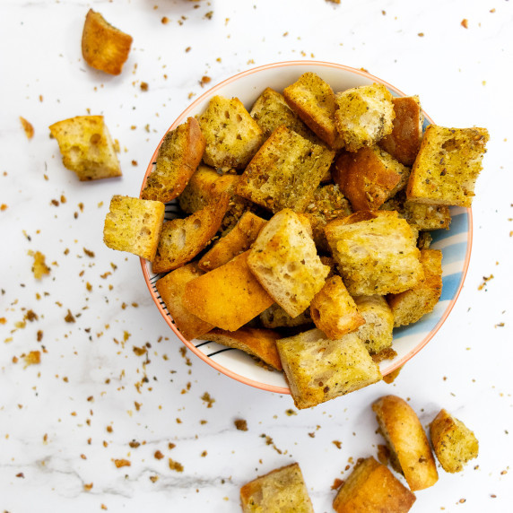 Top down shot of za'atar croutons in a bowl