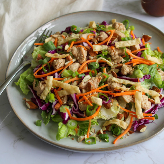 A colorful Asian chicken salad on a large plate