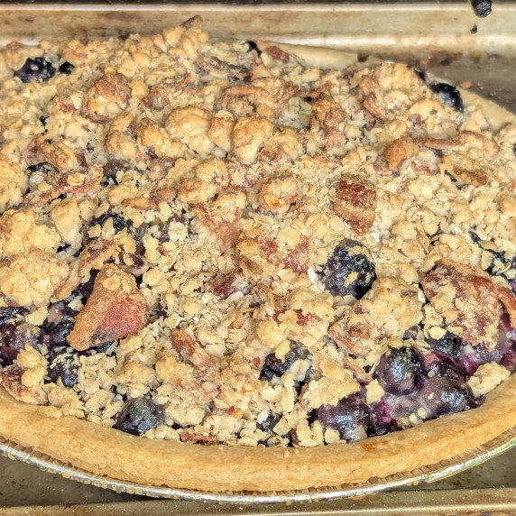 Smoked Bacon Crumble Blueberry Pie. 