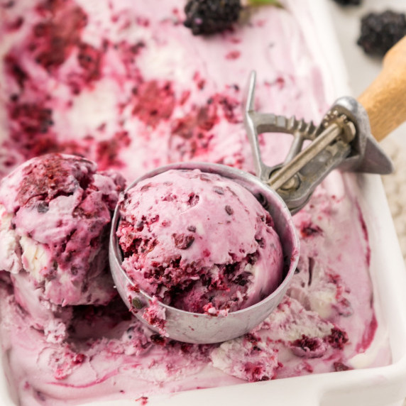 blackberry ice cream in an ice cream scoop