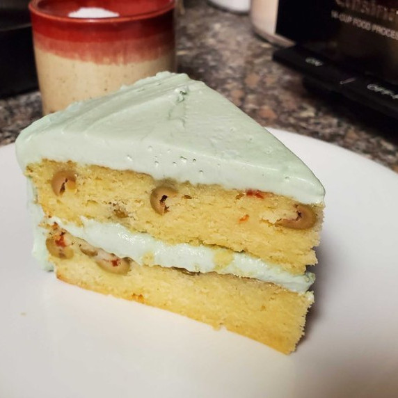Green Olive Corn Cake with Blue Cheese Frosting