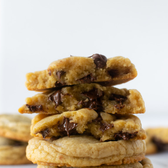 stacked chocolate chip cookies.