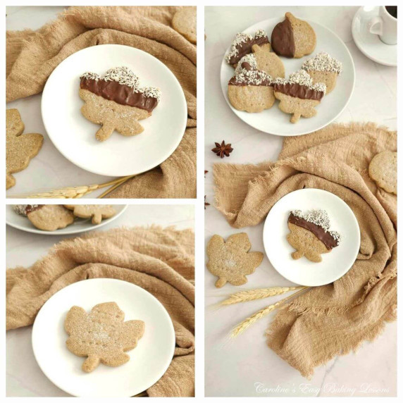 3 photo collage of Autumn/Fall shaped anise flavoured Scottish shortbread, half coated in chocolate