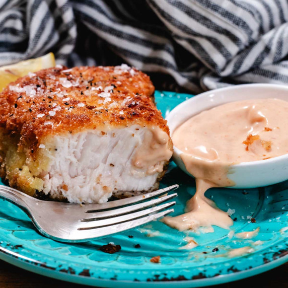 crispy swordfish with a side of spicy mayo