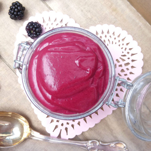 overhead view of a jar of blackberry curd