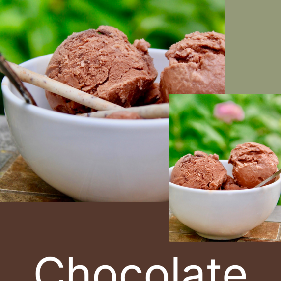 Homemade chocolate ice cream in a white bowl outside on the patio.