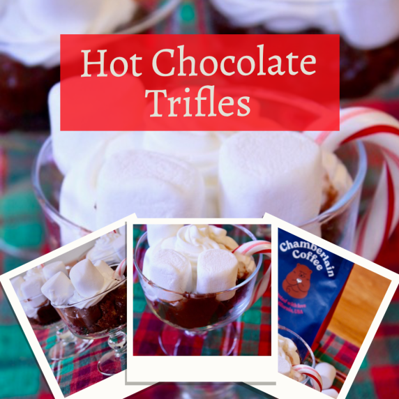 Chocolate cake topped with whipped cream, candy canes, and marshmallows in mini-trifle dishes.  