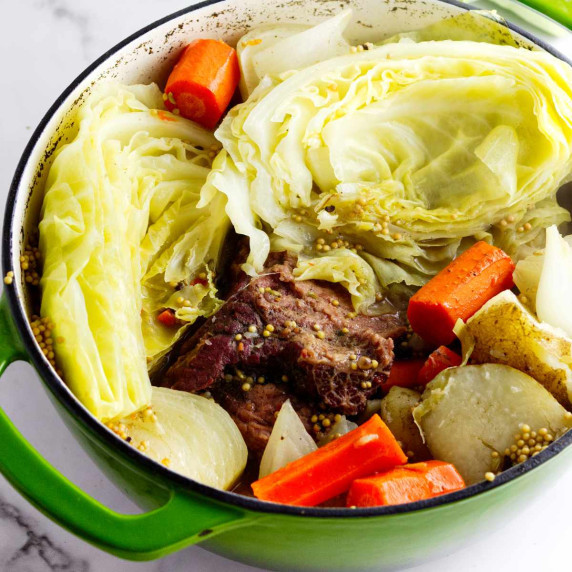 corned beef, carrots, potatoes in a serving bowl.
