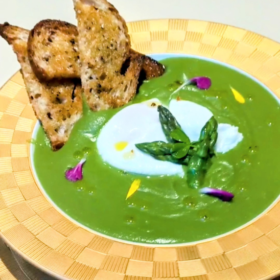 green pea asparagus soup healthy poached egg