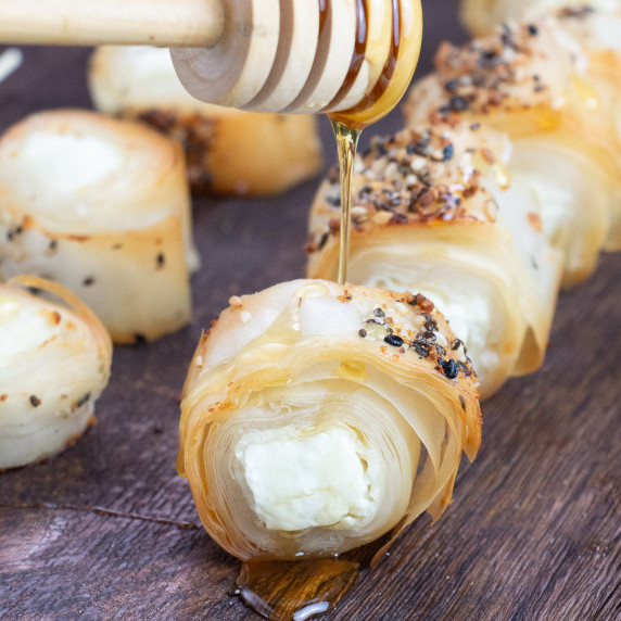 phyllo wrapped feta appetizers with honey