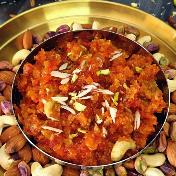 A delicious winter special traditional Indian dessert made with red carrots & dry fruits. 