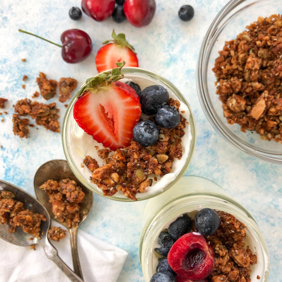 yogurt parfait with berries and maple granola