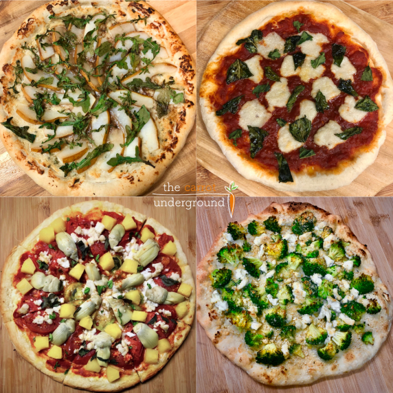 Four varieties of vegan pizzas arranged on a bamboo cutting board. 