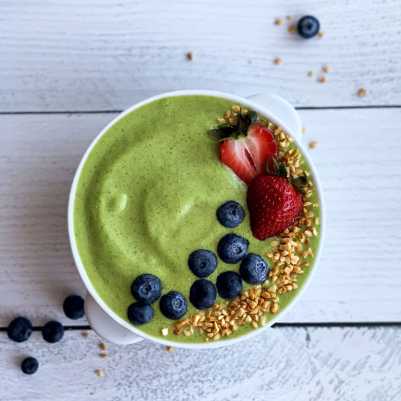 Green smoothie bowl overhead shot