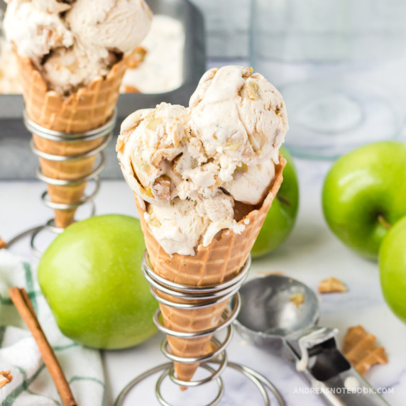 Apple pie ice cream scoop in a waffle cone.